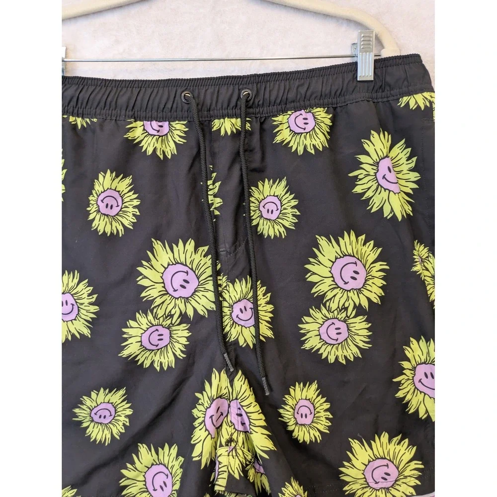 Neff Swim Trunks Men's XL‎ Black Sunflower Smiley Face Board Shorts Drawstring